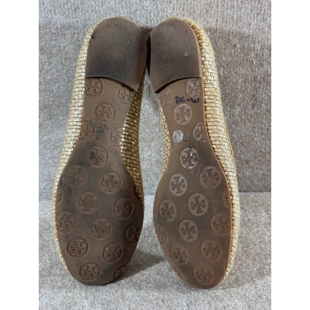 Tory Burch Reva Ballet Flats Womens 7M Gold Woven Raffia Logo Medallion Preppy